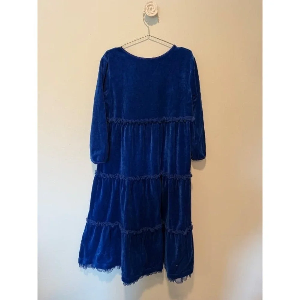 Hanna Andersson Velour Holiday Dress 150cm 12 EUC Blue Sea